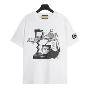 Herrrundt-T-shirt med nackbroderier och tryckt sommarkläder för polär stil, kvinnors lösa och andningsbara ren bomullsskjorta