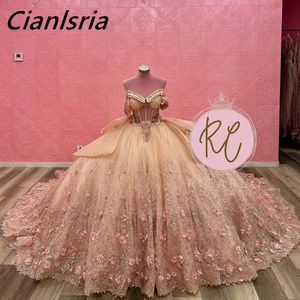 Champagne Crystal Beading Ruffles Ball Gown Quinceanera Dresses Illusion Appliques Lace 3D Flowers Corset Vestidos De 15 Anos