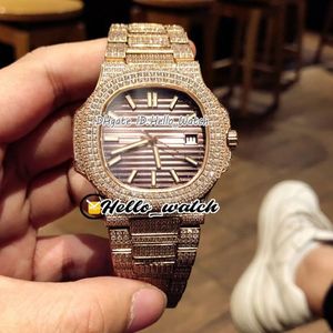 New 5711 5711 1A Brown Texture Dial Miyota Automatic Mens Watch Rose Gold Fully Iced Out Diamond Bracelet Sport Watches HWPP Hello231E
