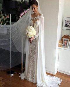 2018 Beyaz Fildişi Şifon Sararları Dantel Düğün Ceket Gelin Pelerin Dantel Gelin Dress039S Cape5226340