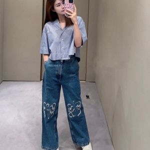 Women's spring new design denim jeans floral embroidery loose long pants trousers SMLXL