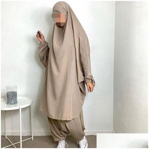 Set di abbigliamento Abbigliamento etnico Ramadan Eid Abaya musulmano per le donne 2 pezzi Indumento di preghiera Jilbab con pantaloni Abaya Set Abiti islamici Dhy1E