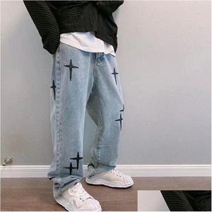 Herren Jeans Kreuz Stickerei Retro Washed Männer Baggy Jean Hosen Vibe Stil Hip Hop Died Vintage Denim Hosen Pantalons Capris Drop D Dhxki