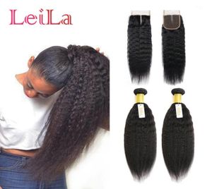 Malaysian Kinky Straight Virgin Hair 2 Bundles With 4X4 Lace Closure 3 Pieceslot Unprocessed Human Hair Natural Black Color Coars1916989