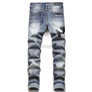 Джинсы Европейские и американские мужские джинсы дизайнерские джинсы в стиле хип-хоп, высокая уличная мода, велосипедная вышивка, облегающие узкие брюки-карандаш 240308