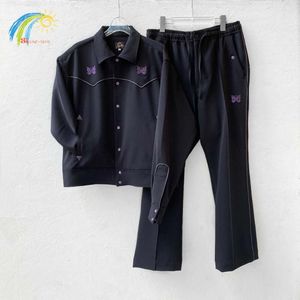 Casual Fashion Black Awge Needles Jacket Men Women Purple Stripe Fjäril Broderi Button Coat High Street Track Ytterkläder