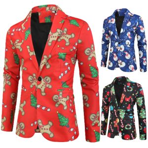 Jackor Fashion Christmas Printed Suit Jacket Men Xmas New Year Coat Red Green Costumes Slim Fit Blazers Jackor Masculino Dress Blazer