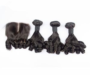 4 pçs / lote virgem malaia tia funmi cabelo humano tece com fechamento de renda 4x4 romance cachos funmi cabelo 3 pacotes com fechamento middl4788189