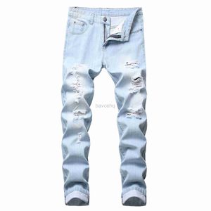 Mäns jeans män jeans män ljus färg smal fit hål high street blå icke-elastisk casual mode urban stretwear 240308
