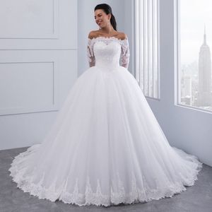 Nuovo progettista sposa abito da sposa 2024 primavera scollo a barchetta maniche lunghe in pizzo appliques tulle abiti da sposa convenzionali abiti da sposa