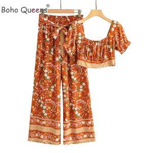 Capris Boho Queens Kadın İki Parça Kıyafet Kare Yaka Üstleri Bohem Elastik Bel Uzun Pantolon 2 Parça Rayon Pamuk Boho Setleri