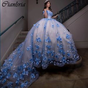 Jasnoniebieskie perły kulkowe suknia balowa Quinceanera ubiera się od ramion 3D kwiatowy koronkowy gorset vestidos de 15 anos