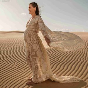 Sukienki macierzyńskie sesja zdjęciowa boho szatę maxi długa sukienka macierzyńska z Cape w ciąży koronkowa impreza wieczorna Couture for woman fotografia rekwizyt l240308