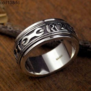 Band Rings Six-Character Mantra 925 Sterling Silver Ring Men And Women Retro Thai Silver Couple Fashion Jewelry Personality Can Be Rotated