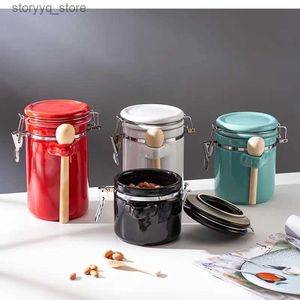 Food Jars Canisters Ceramic Sealed Tank with Cover Kitchen Storage Container Food milk powder coffee bean storage tank Tea Box Deliver Wooden Spoon L240308