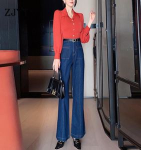 Women039s Two Piece Pants Elegant Spring Runway Designers Women Outfits 2021 Fashion Long Sleeve Blouse And Wide Leg Jeans Suit1630747