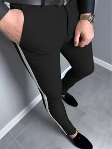 Fashion Light Business Mens Byxor Solid Color Splice White Side Stripe Slim Pants Daily Mångsidig resa 240305
