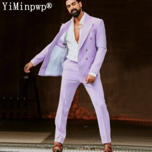 Suits Lilac Men Suits 2 Piece Peaked Lapel Double Breasted Summer Blazer Set Traje de Hombre Elegante Travel Casual Suit Jacket+byxor