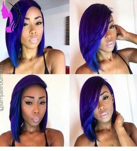 Stock Natural Look Two Tone Ombre Short Wigs For Women Blue Color Spets Front Bob Wig Heat Synthetic Hair 7193022