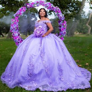 Liliowe cekinowe aplikacje koronkowe sukienki Quinceanera suknia balowa z ramion 3D kwiaty gorset vestidos de 15 anos