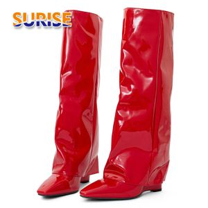 Capris Winter Women Foldover Knee High Boots Black Red Patent Leather Wedge Heel 섹시 클럽 파티 Lady Square Toe Plush Long 바지 부츠