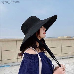 넓은 브림 모자 양동이 모자 Janese Sunshade Female Spring and Summer Sunscreen Free Big Brim Sun Hat Fisherman 모자 커버 얼굴 대형 머리카락 L240308