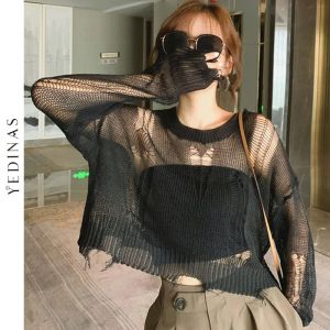 T-shirt Yedinas Czarne gotyckie cienkie kobiety pullover luźny sweter 2021 Lady Hollow Out Hole Broken Streetwear Stretch Split Krótki top