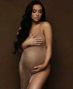 Maternity Dresses Pregnancy Dress Photography Gold Knitted Maternity Dresses Photoshoot Robe Clothing Props Baby Shower Dresses For Pregnant Woman L240308