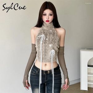 Women's T Shirts Sylcue Khaki Vintage Sweet Gentle All-Match High Street Personalized Sexy Flocking Short Backless Top With Sleeve