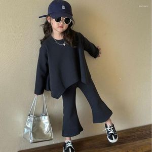 Kleidung Sets Kinder Set Einfarbig 2024 Herbst Modische Koreanische Stil Mädchen Unregelmäßige Hoodie Und Flare Hosen Zwei Stück