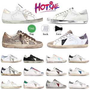 Toppkvalitet gyllene goode sneakers kvinnor tränare designer skor svart vit läder glitter blå glitter superstjärnor lyxskor plattform stor storlek 46 herrskor