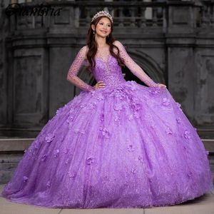 Lilac Illusion Sequined Beading Glitter Crystal Ball Gown Quinceanera Dresses Long Sleeve 3D Flowers Corset Vestidos De 15 Anos