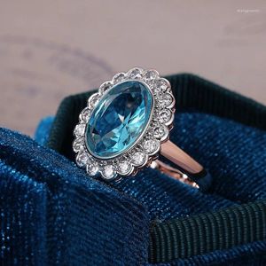 Cluster Rings 2024 Copper Plating Two-Tone Inlaid Ocean Blue Oval Zircon For Women Jewelry Bijouterie Female Wedding