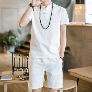 Men's Tracksuits Spring/summer Cotton and Linen Short Sleeve T-shirt Shorts 2PCS Set Two Pieces Solid Casual Men Suits Homewear Male TZ7006