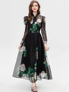 Spring Summer Women Long Dress Scarf Collar Long Sleeve Chiffon Sheer Party Holiday Vestidos