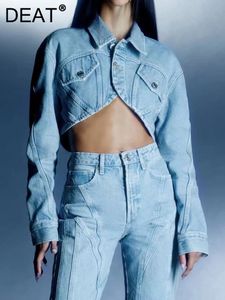 DEAT Fashion Womens Short Denim Jackets Lapel Long Sleeve Pocket Single Breasted Solid Coat Female Autumn 2024 17A1149 240306