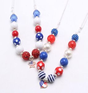4th July Kids Baby Fashion USA Flag Style HeartStar Pendant Necklace DIY Chunky Bubblegum Beads Necklace Adjust Rope3871817