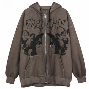 Vintage Angel Print Hoodies Women Gothic Punk Zip Up Hooded Sweatshirt Winter Fashion Long Sleeve Pocket Jacket Y2K kläder 240228