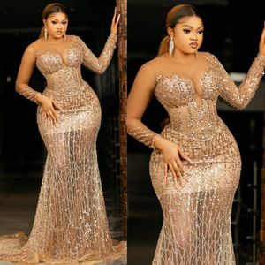 2024 Plus Size Aso Ebi Prom Dresses for Black Women Mermaid Long Sleeves Evening Dresses Elegant for Special Occasions Birthday Party Gowns Engagement Dress AM491