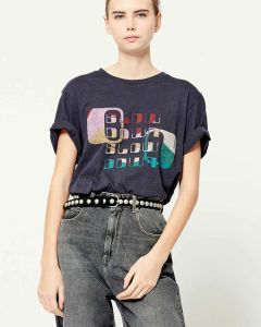 Isabel Marant Women Designer T Shirt Letter Color Blocking Tryck Bomull Rund hals Kort ärm mode TOPS Womens T-shirt Fyra färger 83