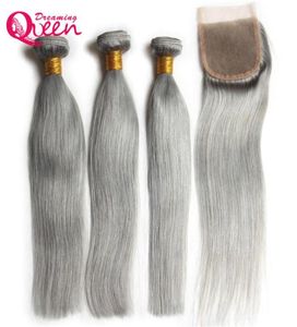 Grey Straight Hair Ombre Brazilian Virgin Human Hair Bundles Weave Extension 3 Pcs With 4x4 Lace Closure Gray Color Bleached Knot4879177