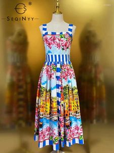 캐주얼 드레스 Seqiny Cotton Dress 여름 봄 패션 디자인 여성 활주로 고품질 시칠리아 빈티지 꽃 인쇄 스트랩리스