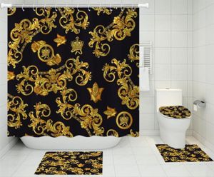 Cortina de chuveiro de tecido de poliéster, quatro peças, cobertura de assento de vaso sanitário, tapete de chão, barroco, retrô, cortina de chuveiro, tapete de banho lj2019783607