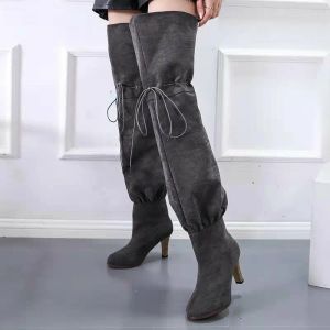 Capris 2023 Kvinnor Pants Pipe Knights Boots Ladies 'Thin High Tube Shoes Medheel Modern Elastic Band Party Dress Relaxed Plus Size