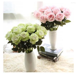 Flores decorativas 10 pçs rosa artificial real toque decoração falso seda floral buquê de casamento casa festa design flores-branco