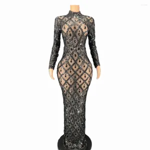 Scene Wear Sequins Crystals Long Dress Women Evening Prom Party Birthday SexyTransparent Performance Costume Show