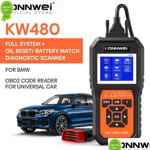 Diagnostiska verktyg Nya Konnwei KW480 OBD2 -skanner för bilar OBD 2 ABS -krockkudde SRS Oil Rest FL System Diagnostic Tool Battery Match E38 E4 DHKKY
