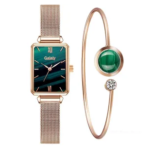 Wristwatches Women Watches Fashion Square Ladies Quartz Watch Bracelet Set Green Dial Simple Rose Gold Mesh Luxury 3290