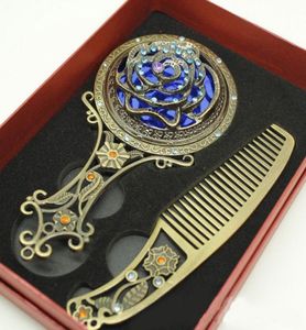 Collectible Decorative Makeup Mirror and Comb Rhinestone Flower Grave Bronze Handle Mirror Art Craft Portable Women Make Up Mirr5294529