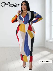 ドレスwmstarプラスサイズの女性のためのドレス印刷されたファッション長袖のボディコンストレッチ秋の服マキシドレス卸売ドロップシッピング